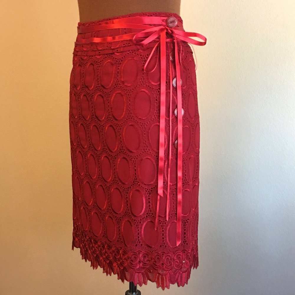 SYLVIA RIELLE Parisian Designer Red Lace Skirt - Picture 2 of 12